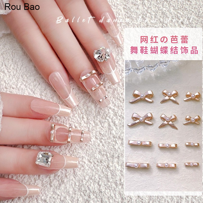 Rou Bao ขายดี อุปกรณ์ตกแต่งเล็บ ไข่มุกอัลลอย รูปโบว์บัลเล่ต์ 3D สําหรับตกแต่งเล็บ DIY 6 ชิ้น ต่อชุด
