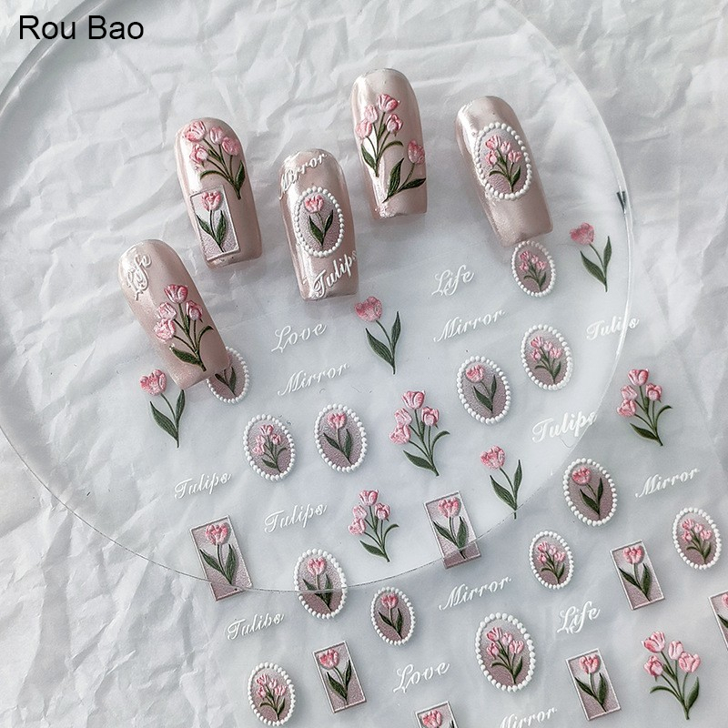 Rou Bao TS-2565 สติกเกอร์กระจกใส ลายดอกทิวลิป 5D สําหรับติดตกแต่งเล็บ