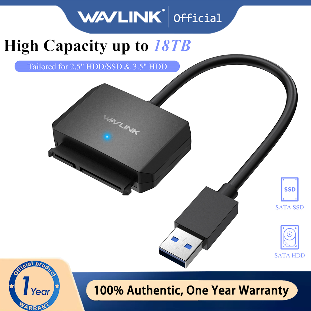 Wavlink สายเคเบิลอะแดปเตอร์ฮาร์ดไดรฟ์ภายนอก USB A เป็น SATA III 5Gbps สําหรับ 2.5 นิ้ว 3.5 นิ้ว HDD SSD 18TB
