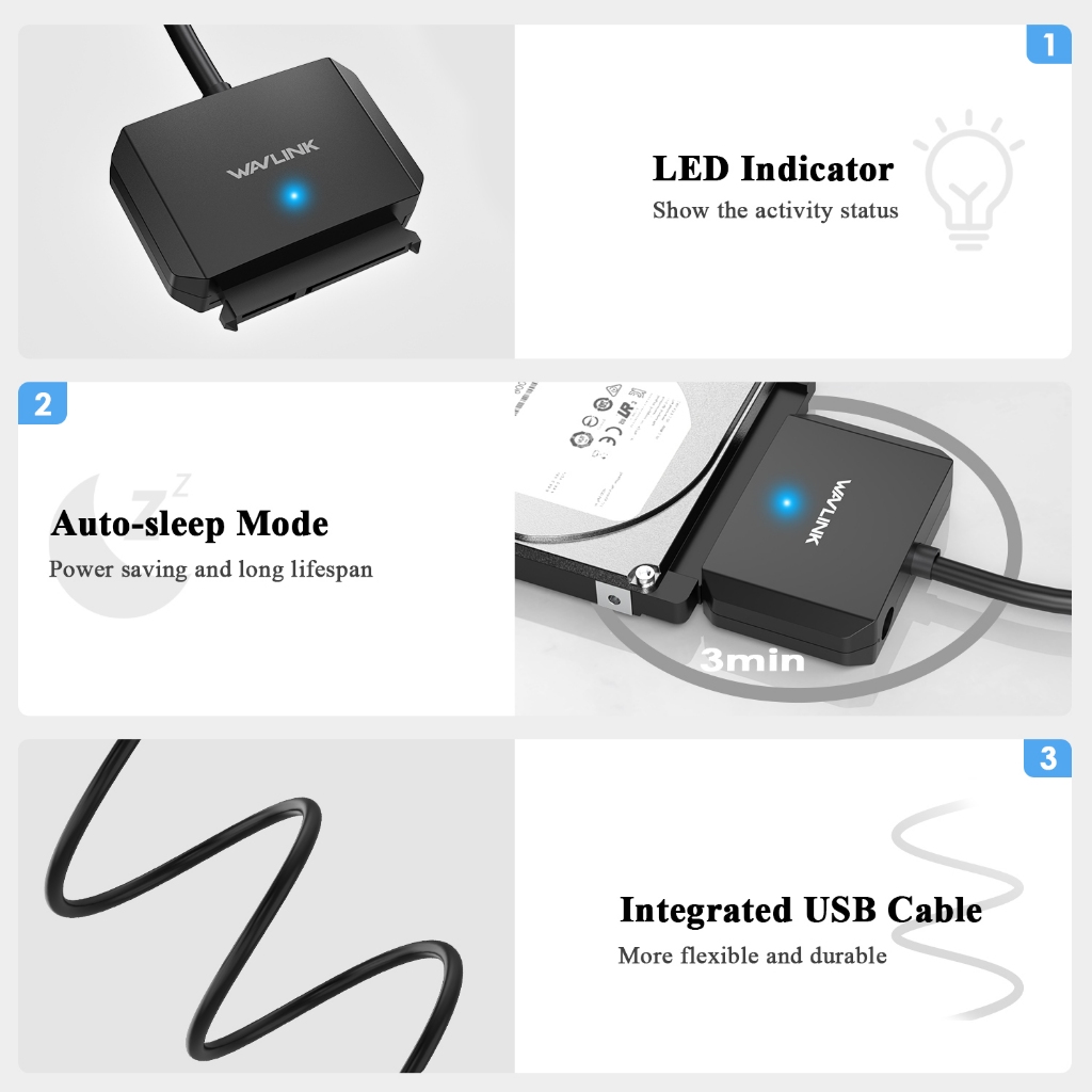 Wavlink สายเคเบิลอะแดปเตอร์ฮาร์ดไดรฟ์ภายนอก USB A เป็น SATA III 5Gbps สําหรับ 2.5 นิ้ว 3.5 นิ้ว HDD SSD 18TB