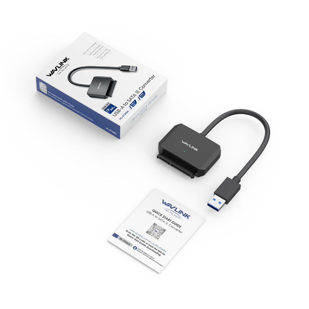 Wavlink สายเคเบิลอะแดปเตอร์ฮาร์ดไดรฟ์ภายนอก USB A เป็น SATA III 5Gbps สําหรับ 2.5 นิ้ว 3.5 นิ้ว HDD SSD 18TB