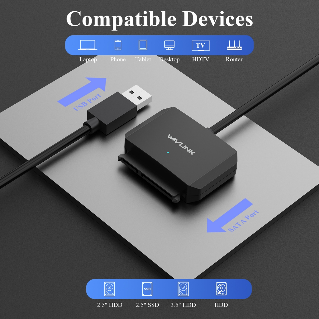 Wavlink สายเคเบิลอะแดปเตอร์ฮาร์ดไดรฟ์ภายนอก USB A เป็น SATA III 5Gbps สําหรับ 2.5 นิ้ว 3.5 นิ้ว HDD SSD 18TB