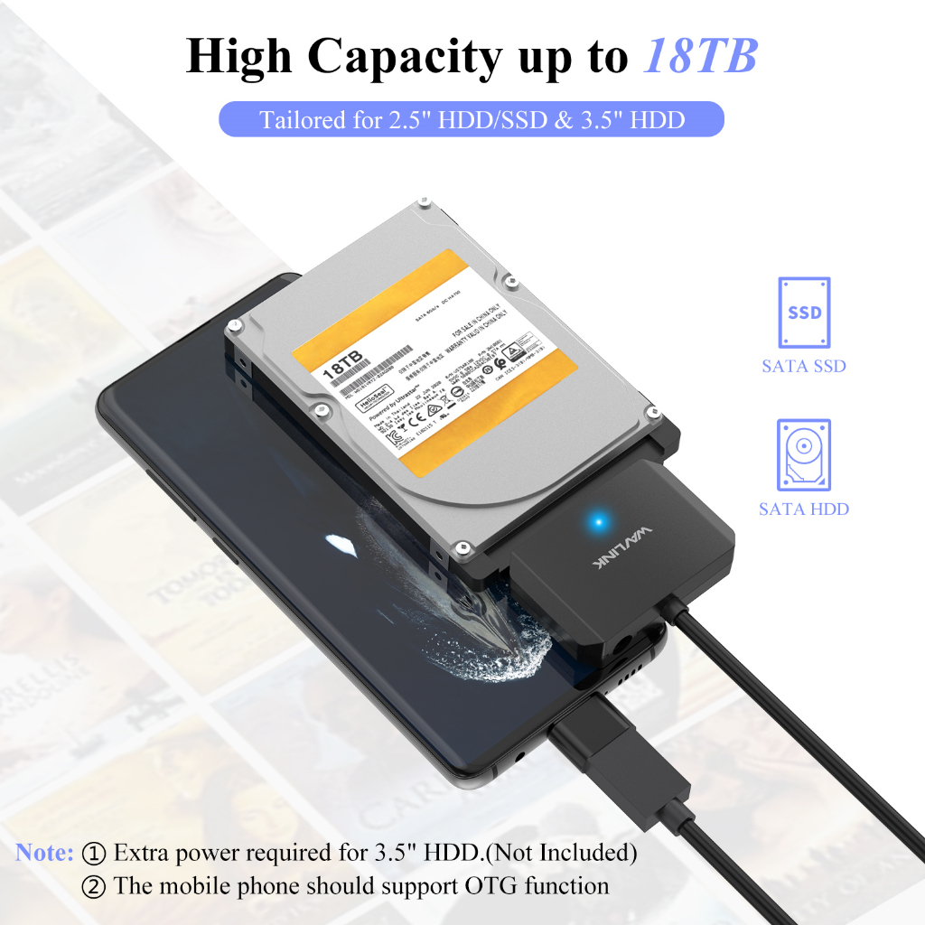 Wavlink สายเคเบิลอะแดปเตอร์ฮาร์ดไดรฟ์ภายนอก USB A เป็น SATA III 5Gbps สําหรับ 2.5 นิ้ว 3.5 นิ้ว HDD SSD 18TB
