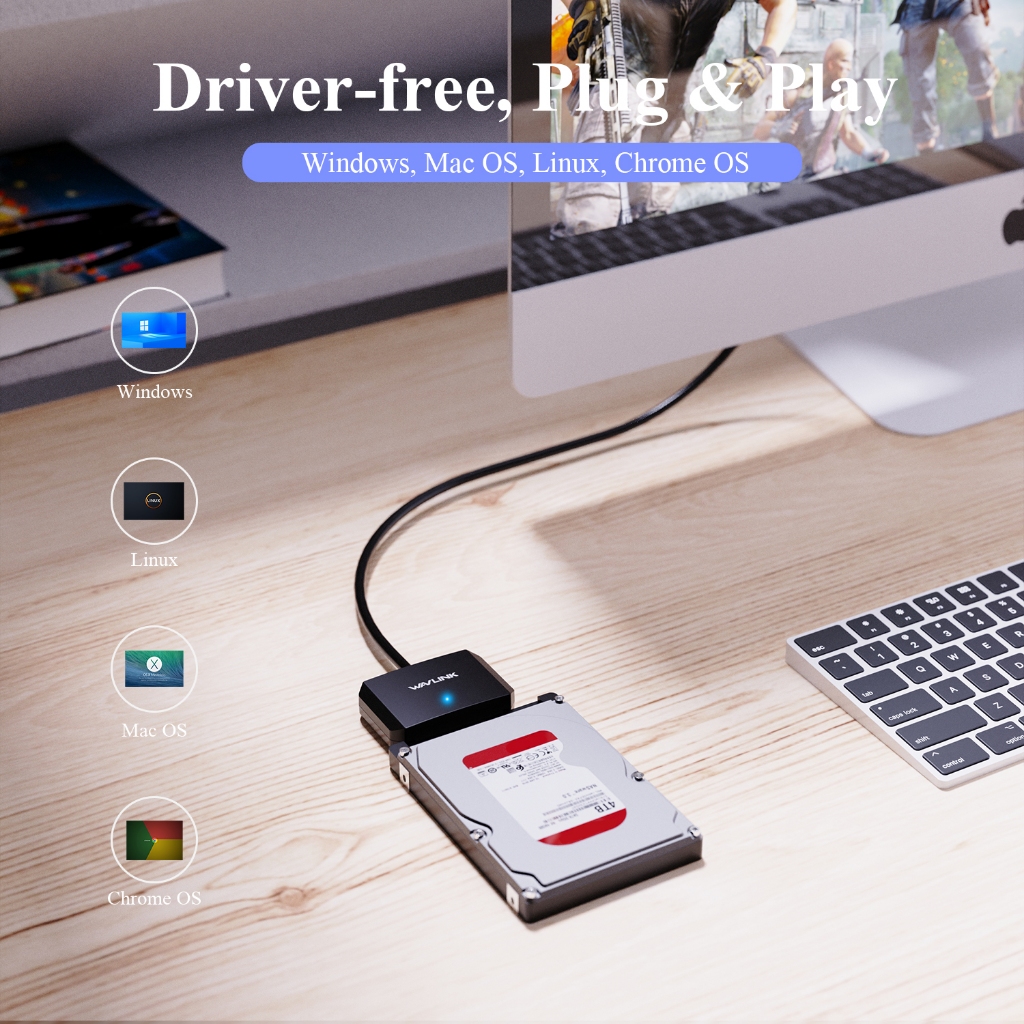 Wavlink สายเคเบิลอะแดปเตอร์ฮาร์ดไดรฟ์ภายนอก USB A เป็น SATA III 5Gbps สําหรับ 2.5 นิ้ว 3.5 นิ้ว HDD SSD 18TB