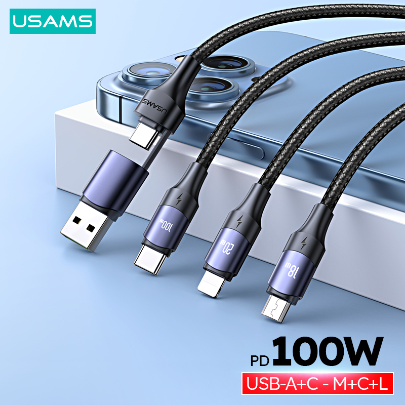 Usams PD 100W 5 In 1 USB Type C Micro IP สายชาร์จข้อมูล ชาร์จเร็ว สําหรับโทรศัพท์ แท็บเล็ต แล็ปท็อป