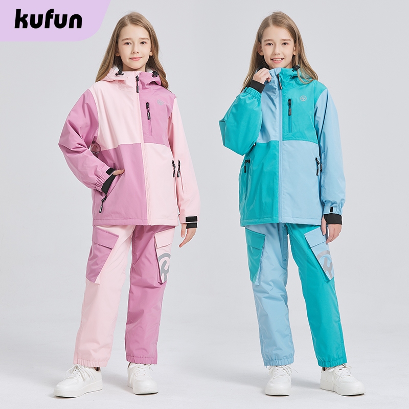 Kufun ชุดสูทสกี สําหรับเด็ก เสื้อแจ็กเก็ตสกีมืออาชีพ อุปกรณ์บอร์ดเดี่ยว กันน้ํา กันลม และอบอุ่น