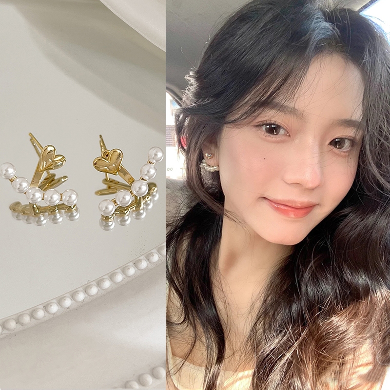 ต่างหูกระดุมโลหะ ประดับมุก สไตล์เกาหลี สําหรับผู้หญิง