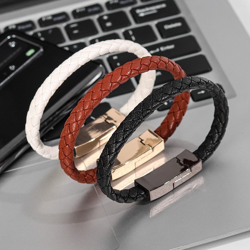 22.5 ซม. สร้อยข้อมือ USB Type-C สายชาร์จแฟชั่น หนังถักคู่ สายชาร์จข้อมูลข้อมือ