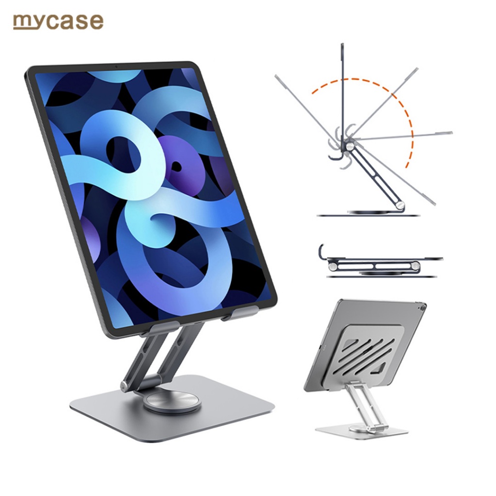 Mycase ขาตั้งแท็บเล็ต อลูมิเนียมอัลลอยด์ แบบพับได้ บางพิเศษ 360 องศา สําหรับ iPad° การหมุน