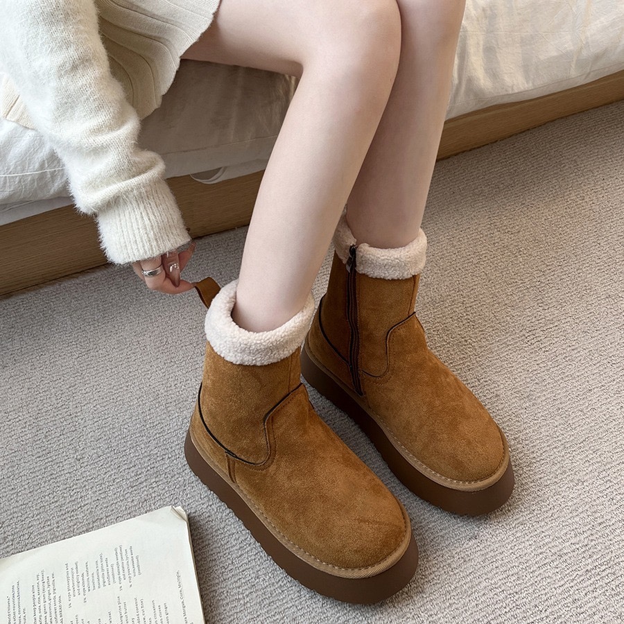 สุภาพสตรีหนาSoled Snow Bootsฤดูใบไม้ร่วงฤดูหนาวสไตล์ใหม่ขนแกะ-ขนแกะความร้อนรองเท้าผ้าฝ้ายความสูง 4.5 ซม.กลาง-หลอดรองเท้าผู้หญิง