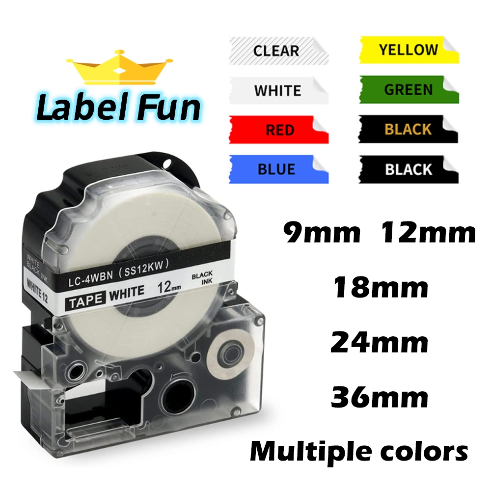 【9 12 18 24 36 มม.】เทปฉลาก Epson or KingJim SS12KW ST12KW LK-4WBN LC-4WBN สําหรับเครื่องพิมพ์ฉลาก, for LW-K200 400 500 600P 700 900P 1000P TepraPro SR530 SR750 SR950 SR Label Maker Tape