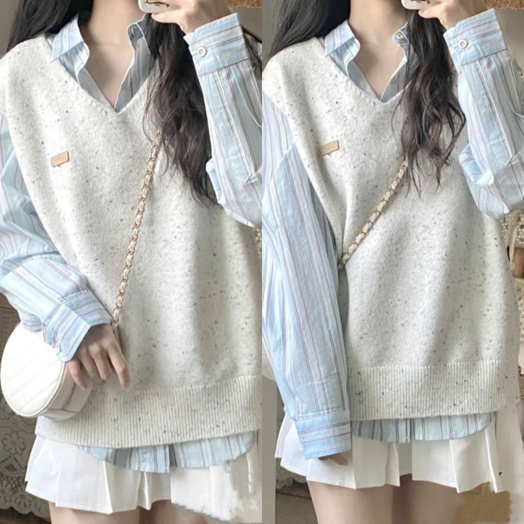 เสื้อกั๊ก ผ้าถัก ลายทาง แขนยาว สองชิ้น