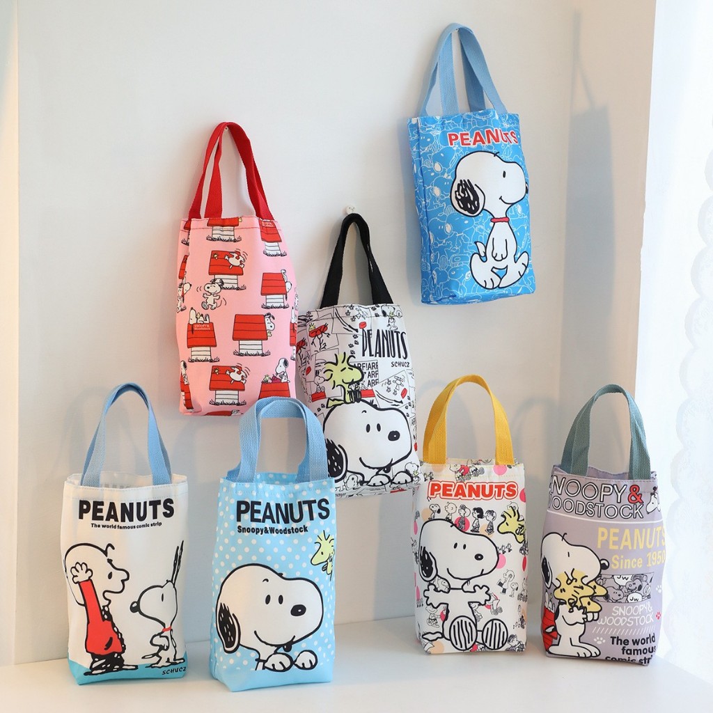 กระเป๋าถือ ผ้าแคนวาส แบบพกพา ลาย Snoopy สําหรับใส่ขวดน้ํา