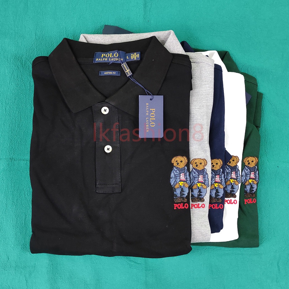เสื้อโปโลผู้ชายคอปกยีนส์หมีตุ๊กตาผู้ใหญ่ขนาด 100% ใหม่ภาพจริงปักของขวัญคอลเลกชันวินเทจพร้อมแพคเกจกระเป๋า
