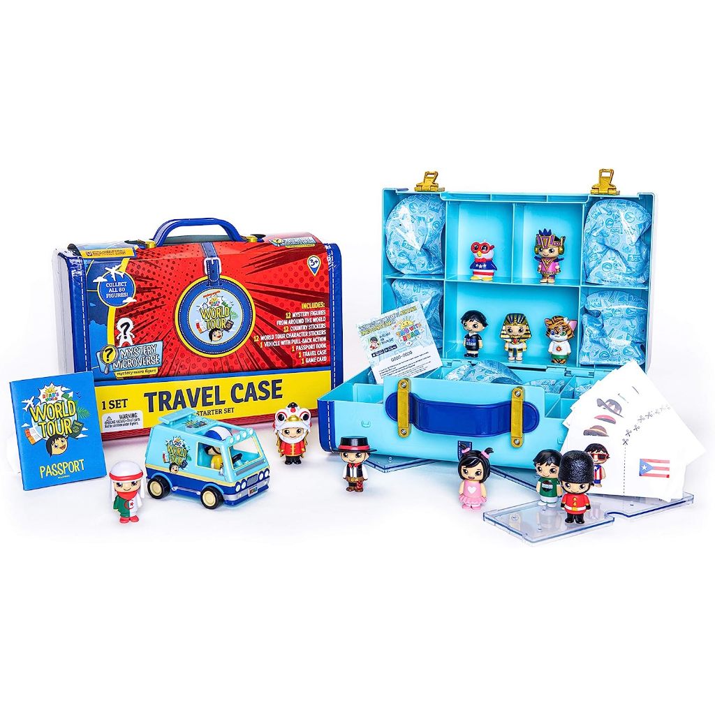 RYAN'S WORLD Tour Suitcase 12 Country Themed Mystery Micro Figures With Matching Stickers Exclusive Vehicle Educational Passport Book Display Stands To Show Off Collection Storage SuitcaseRyan's WORLD Tour กระเป๋าเดินทาง 12 คันทัวร์ ธีมลึกลับ พร้อมสติกเก