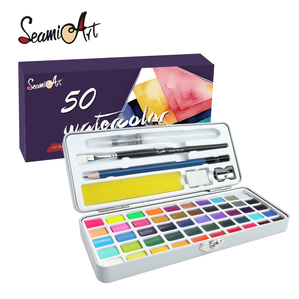 Seamiart ชุดภาพวาดสีน้ํา สีแคนดี้ ชิมเมอร์ 50 สี พร้อมแปรงทาสี