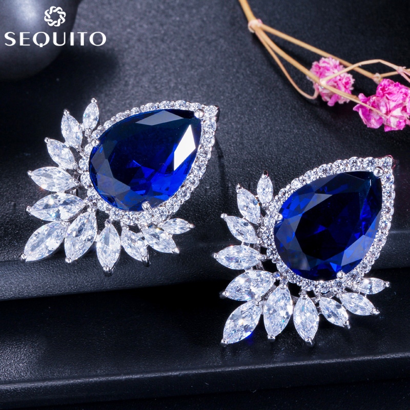 SEQUITO คุณภาพที่เหนือกว่า Sapphire Blue ออสเตรียคริสตัล Earing ผู้หญิง Big CZ Zirconia ต่างหูสตั๊ด Gorgeous เจ้าสาวเครื่องประดับงานแต่งงาน E053