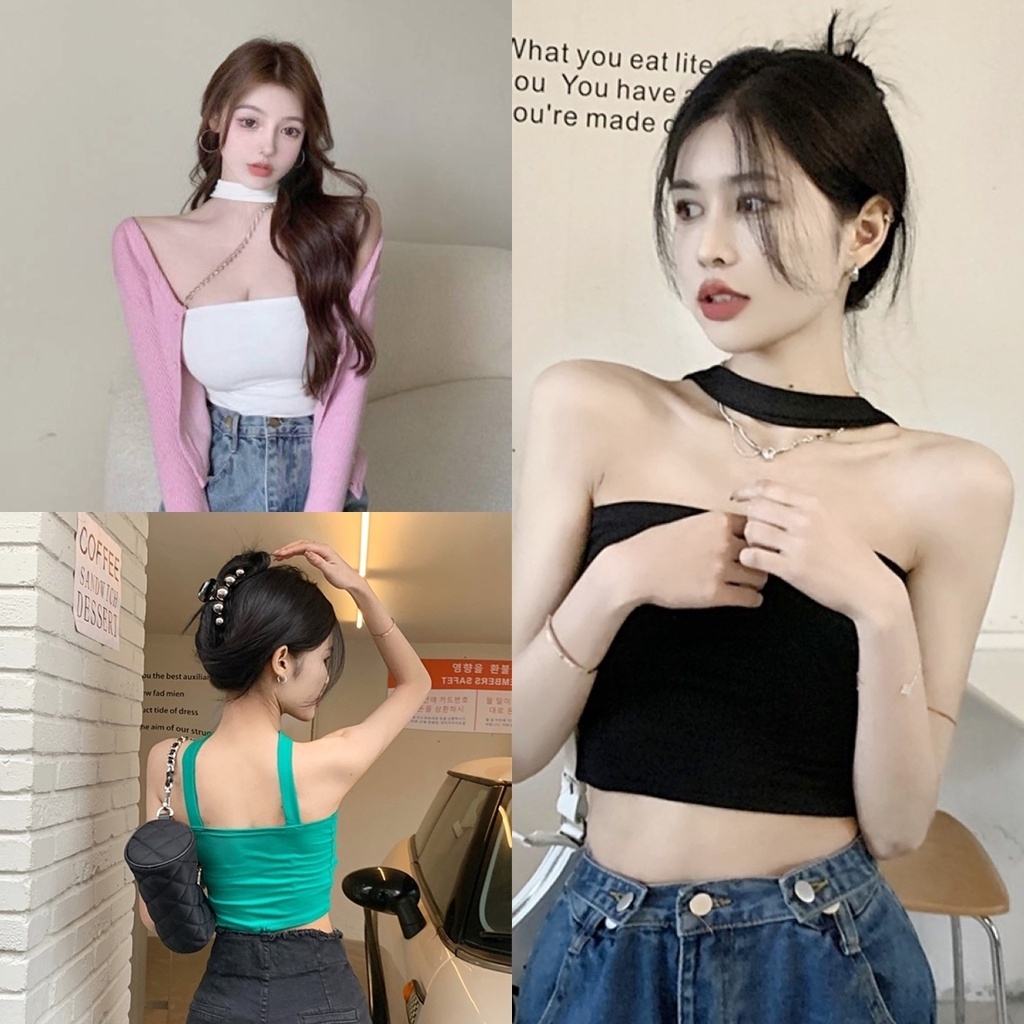 [ซ้าย] ฤดูร้อน เซ็กซี่ เชือกแขวนคอ ยกทรง ผู้หญิง สีพื้น แขนกุด บาง ด้านบน ซ้าย