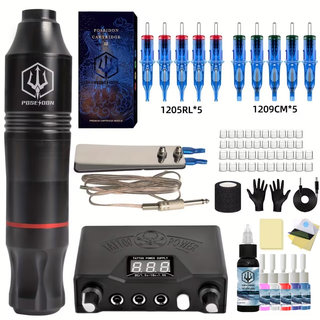 Poseidon ชุดปากกาสัก พาวเวอร์ซัพพลาย พร้อมเข็มสัก 10 ชิ้น และหมึก สําหรับอุปกรณ์สัก