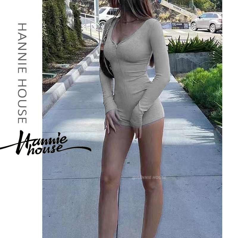Hannie- ชุดจั๊มสูท กางเกงขาสั้น แขนยาว มีซิป แฟชั่นฤดูร้อน สําหรับผู้หญิง