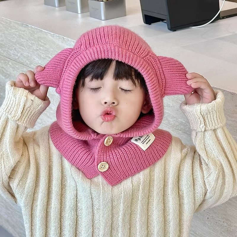 หมวกถัก ผ้าวูล ลายหมี สีพื้น แฟชั่นฤดูใบไม้ร่วง ฤดูหนาว สําหรับเด็กผู้ชาย และเด็กผู้หญิง