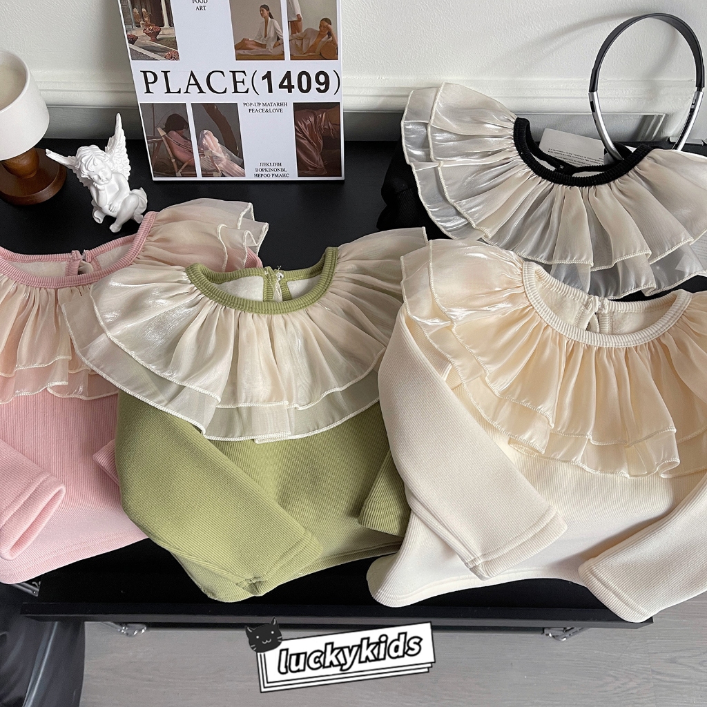 เสื้อเบลาส์ แขนยาว ผ้าตาข่าย กํามะหยี่ สีพื้น แฟชั่นฤดูใบไม้ผลิ ฤดูใบไม้ร่วง สําหรับเด็กผู้หญิง