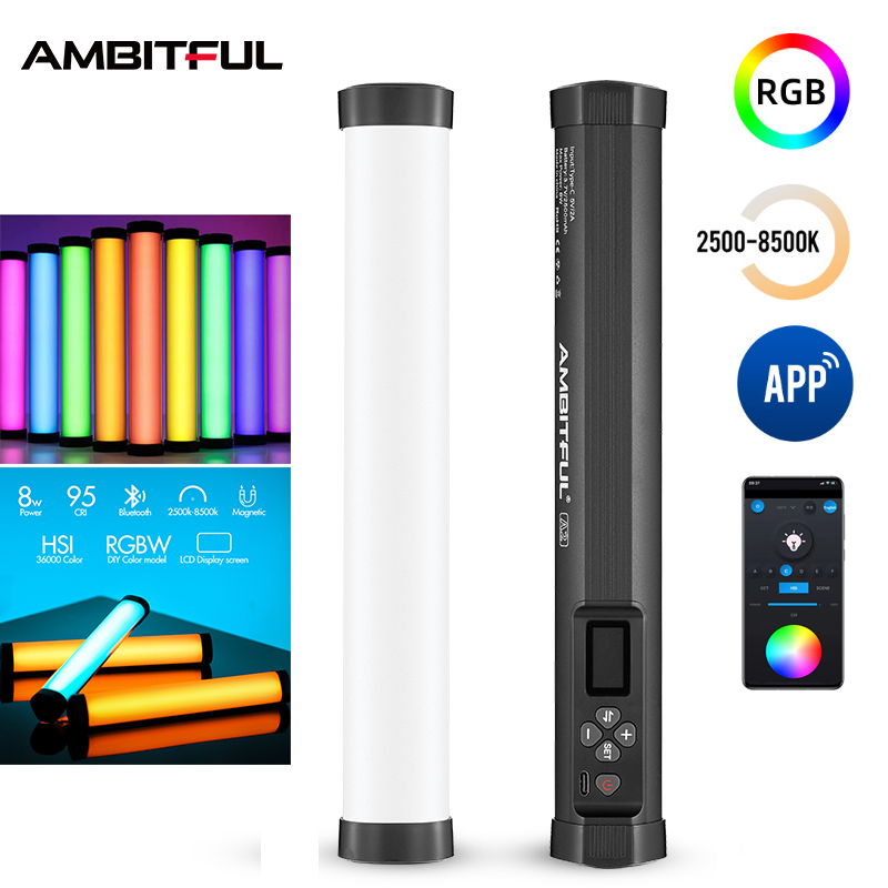 Ambitful A2 RGB 2500-8500K แท่งไฟวิดีโอ LED RGB, CRI 95+ TLCI 97 +, ฟังก์ชั่นแม่เหล็กแบตเตอรี่ลิเธียม APP ในตัว