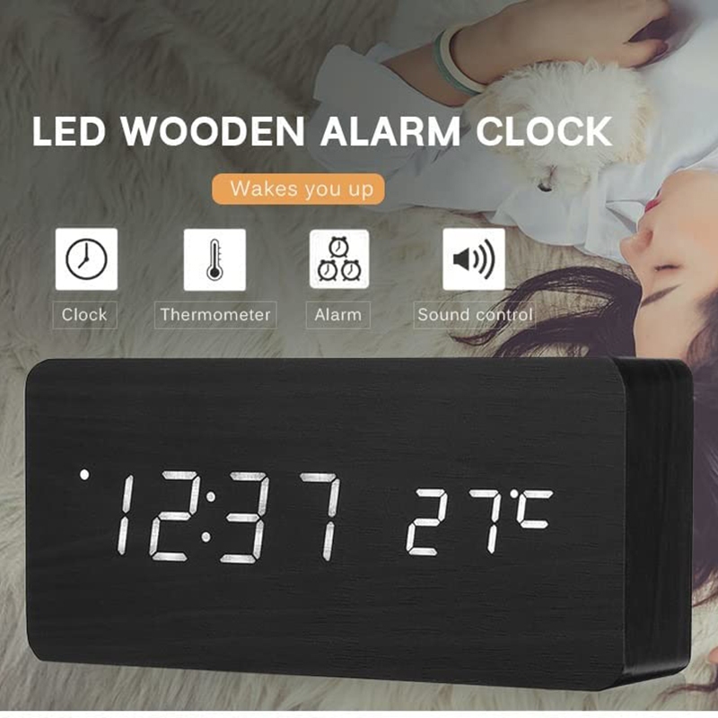 นาฬิกาปลุก LED ไม้ดิจิตอล USB/AAA Powered นาฬิกาตั้งโต๊ะอุณหภูมิความชื้นควบคุมเสียงนาฬิกาตั้งโต๊ะอิเล็กทรอนิกส์สําหรับห้องนอนโต๊ะข้างเตียง Square Voice Control Desktop