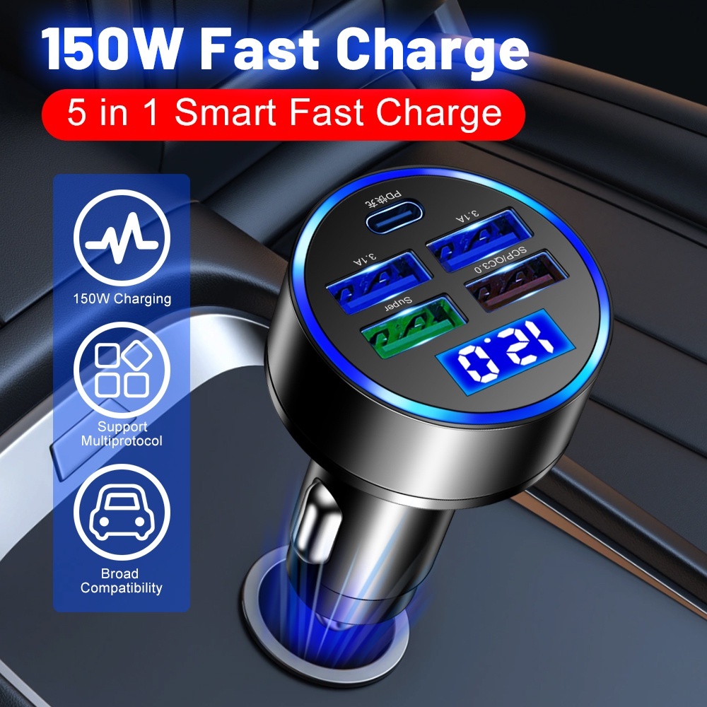 ที่ชาร์จในรถยนต์ 5 พอร์ต 150W PD QC3.0 USB สําหรับ iphone Samsung Huawei Xiaomi