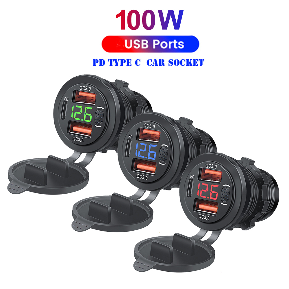 ซ็อกเก็ตชาร์จ USB 12V 24V 18W 3.0& 20W PD USB-C สามพอร์ต สําหรับรถยนต์ รถจักรยานยนต์ พร้อมโวลต์มิเตอร์ และสวิตช์ไฟ