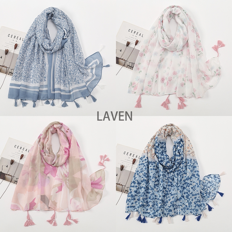 ลาเวน การออกแบบใหม่แฟชั่นพิมพ์ฮิญาบมุสลิมตุงผู้หญิงผ้าพันคอผ้าคลุมไหล่ดอกไม้ ลาย้เหนียว พู่ผ้าพันคอ