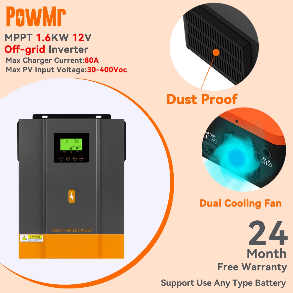 【ใหม่】PowMr Mppt 1.6KW ตัวควบคุมพลังงานแสงอาทิตย์ 12V 230Vac PV 30Voc ในตัว 80A 50 60Hz รองรับแบตเตอรี่ 2 ปี