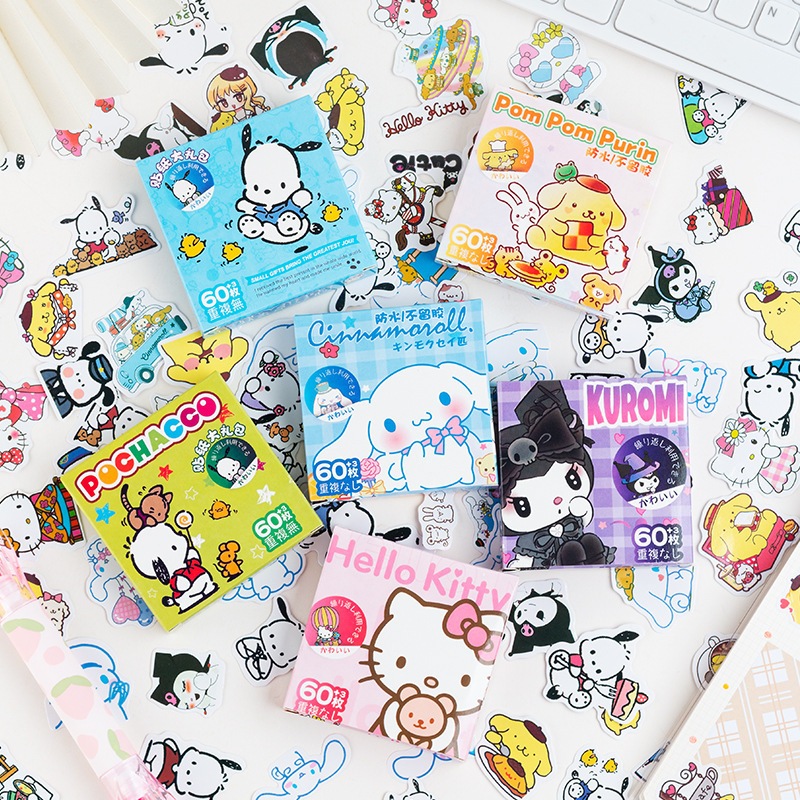 SANRIO สติกเกอร์ PVC ลายการ์ตูนซานริโอ้ เครื่องเขียน ของขวัญเด็ก DIY 63 ชิ้น/กล่อง