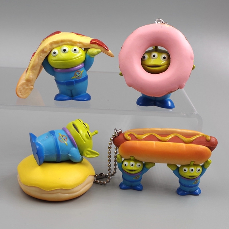 4 ชิ้น/เซ็ต 3-4 ซม.อะนิเมะToy Story Aliensโดนัทพิซซ่าเบอร์เกอร์คนต่างด้าวสุนัขร้อนคนต่างด้าวพวงกุญแจรุ่นQ PVC Action Figuresตุ๊กตาของเล่น