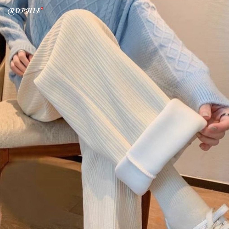 Rophie กางเกงเอวสูง กางเกงขากว้างผู้หญิงรุ่นใหม่ฤดูใบไม้ร่วงและฤดูหนาวเพิ่มกำมะหยี่ กางเกงขาตรงทรงหลวมถูพื้นแมทช์ลุคง่ายสำหรับผู้หญิ  SC8566