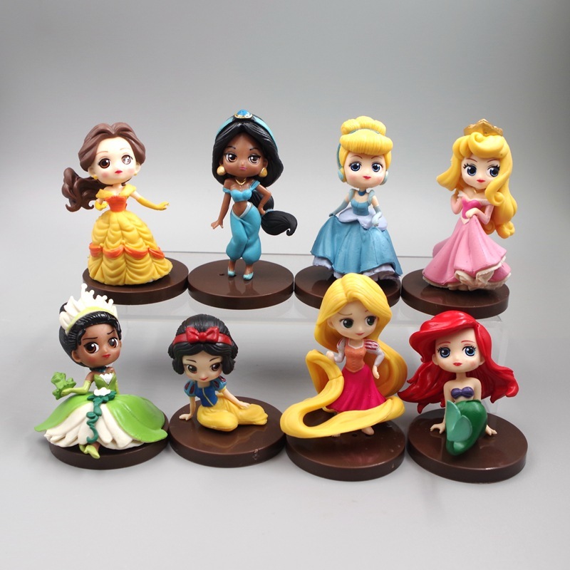 8 ชิ ้ น/Set 5-8 ซม.อะนิเมะการ ์ ตูนเจ ้ าหญิงรูปหิมะสีขาว Rapunzel Cinderella Mermaid Ariel Bella Jasmine Q รุ ่ น PVC Action Figures ตุ ๊ กตาของเล ่ น