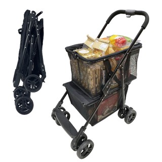 Newly Upgraded Shopping Cart, 80 lbs Foldable Grocery Cart, Portable Multifunctional Cart with Removable Tote Bag, Large Storage Space, with 360° Wheels and One-Step Parking Brake