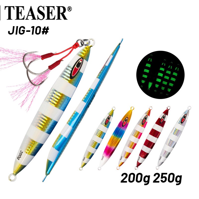 TEASER【J10】200g 250g Glow ช้า Sinking Jig Lure Double Pike Assist Hook สําหรับส่องสว่างตะกั่วล่อ Zebra น้ําเค็ม Jigging Lure เหยื่อตกปลา