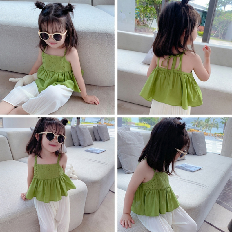 เสื้อสายเดี่ยว ผ้าฝ้าย ระบายอากาศได้ดี สีพื้น แฟชั่นฤดูร้อน สําหรับเด็กผู้หญิง