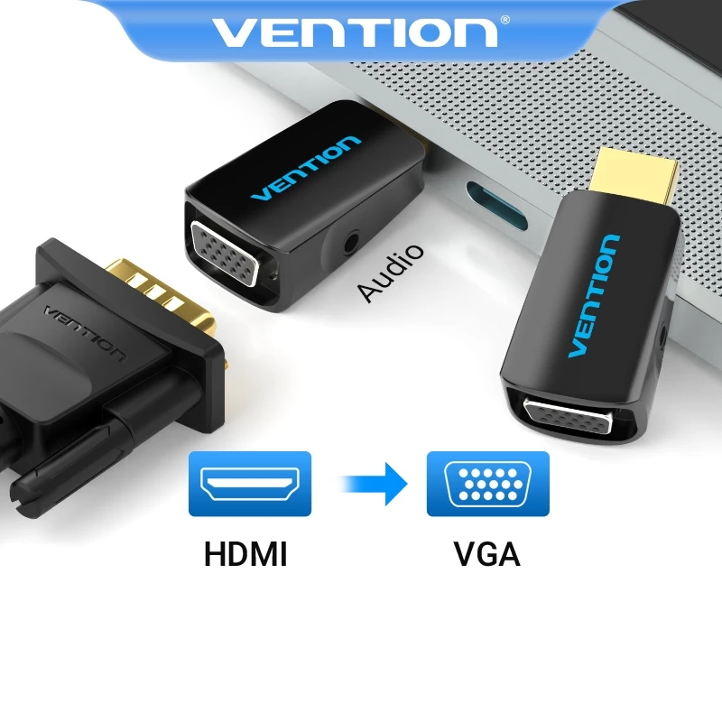 Vention อะแดปเตอร์ตัวแปลง HDMI เป็น VGA ตัวขั้วต่อ ชุบทอง 1080P สำหรับ PC TV Xbox แล็ปท็อป โปรเจ็คเตอร์: แบบมีเสียง คอมพิวเตอร์ แท็บเล็ต จอภาพ PS4