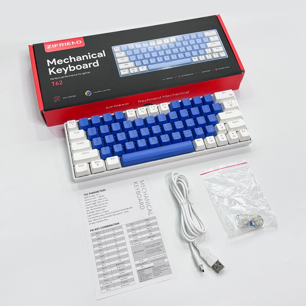 ZIFRIEND T62 คีย์บอร์ดแบบกลไก 63-Key Hotswap Rainbow Backlit Wire Gaming คีย์บอร์ดสำนักงาน