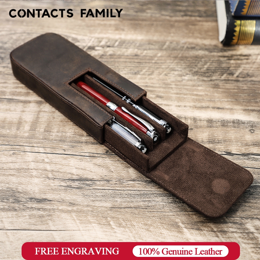 CONTACTS FAMILY กระเป๋าดินสอ หนังวัวแท้ 3 ช่อง พร้อมถาดใส่ปากกา ถอดออกได้ สําหรับผู้ชาย ผู้หญิง สํานักงาน โรงเรียน