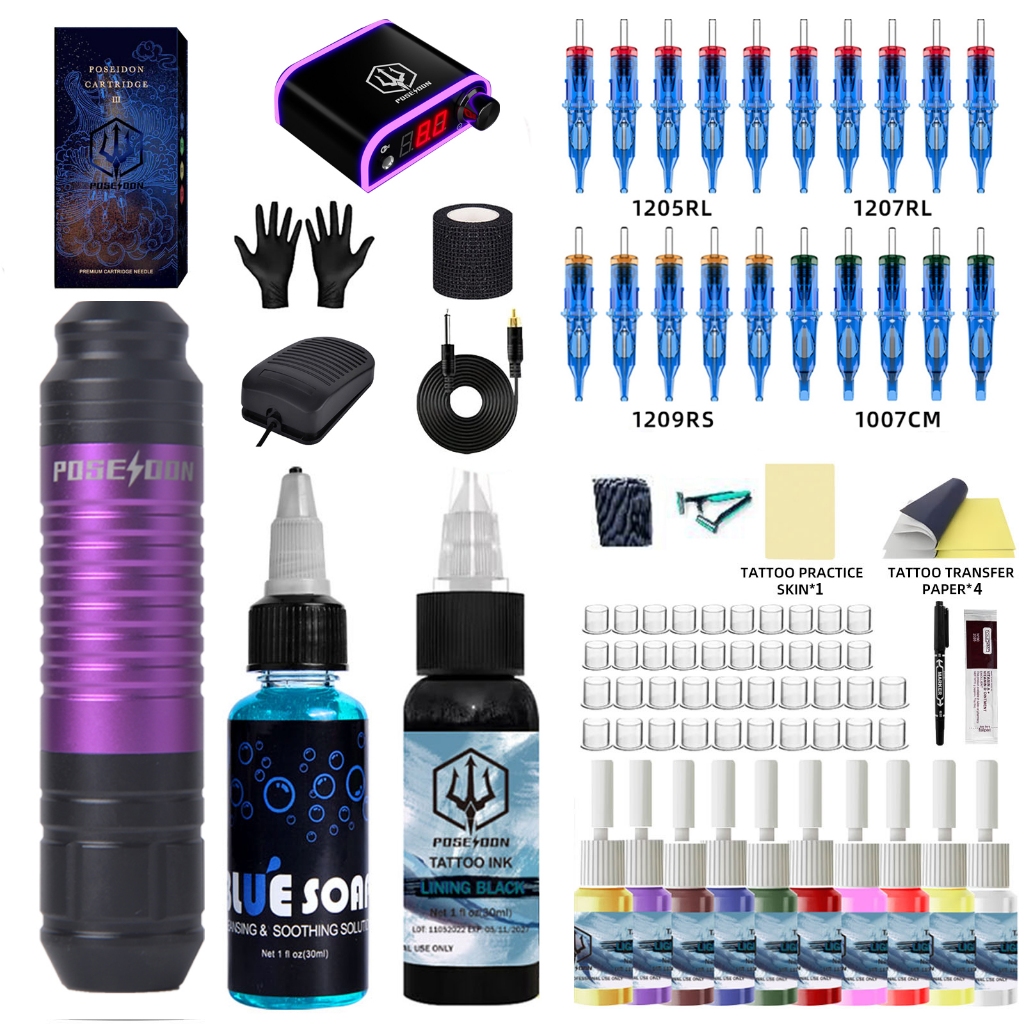 Poseidon ชุดเครื่องสัก แบบครบชุด พร้อมตลับเข็มสักโรตารี่ 20 ชิ้น