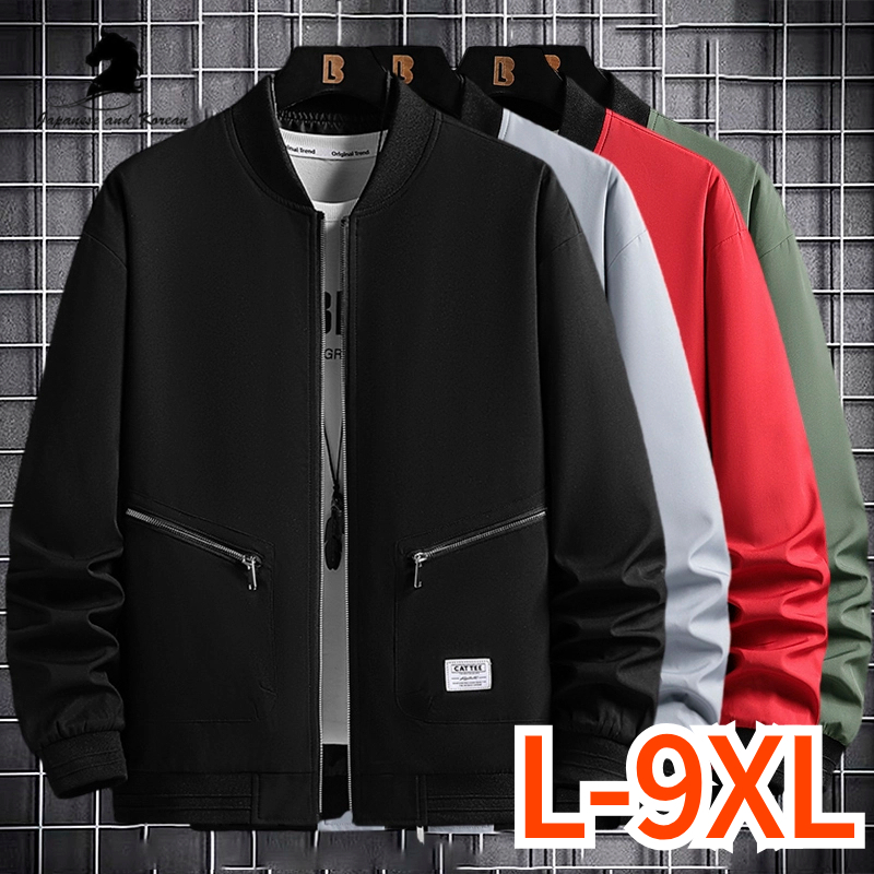 ขนาด L-9XL เวอร์ชั่นเกาหลีอินเทรนด์คอตั้งเบสบอลเสื้อแจ็คเก็ตขนาดบวก Casual All-Match กระเป๋าซิปผู้ชาย Bomber Jacket