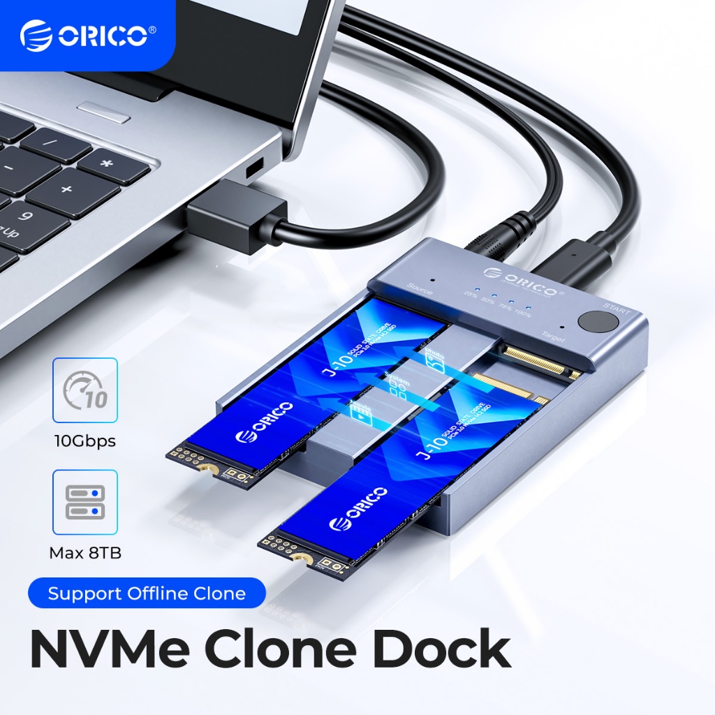Orico Dual-Bay M.2 NVME Mudr Docking Station, ORICO เครื่องมือฟรี USB C ถึง NVME SSD Enclosure สําหรับ M Key PCIe 2242 2260 2280 22110 M.2 SSDs, รองรับ Offline Clone (M2P2-C3-C3-C)
