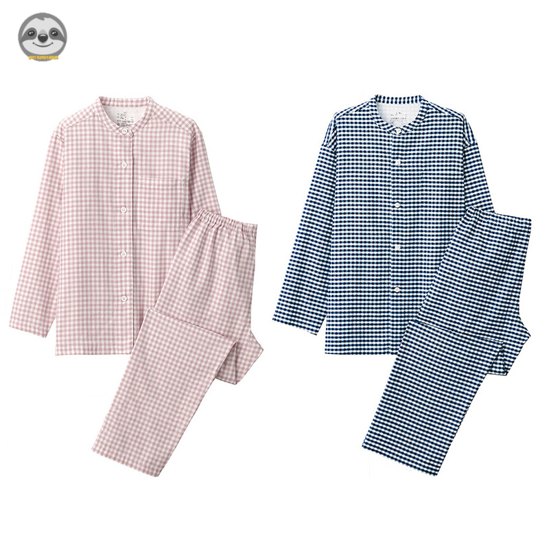 Muji สไตล์ญี่ปุ่น / ชุดนอนเลานจ์ แบบยืน ไร้รอยต่อ / ชุดนอนผ้าฝ้ายแท้ สองชั้น / ชุดนอนเลานจ์เพศ / ฤดูใบไม้ผลิ ฤดูใบไม้ร่วง ชุดคู่รัก