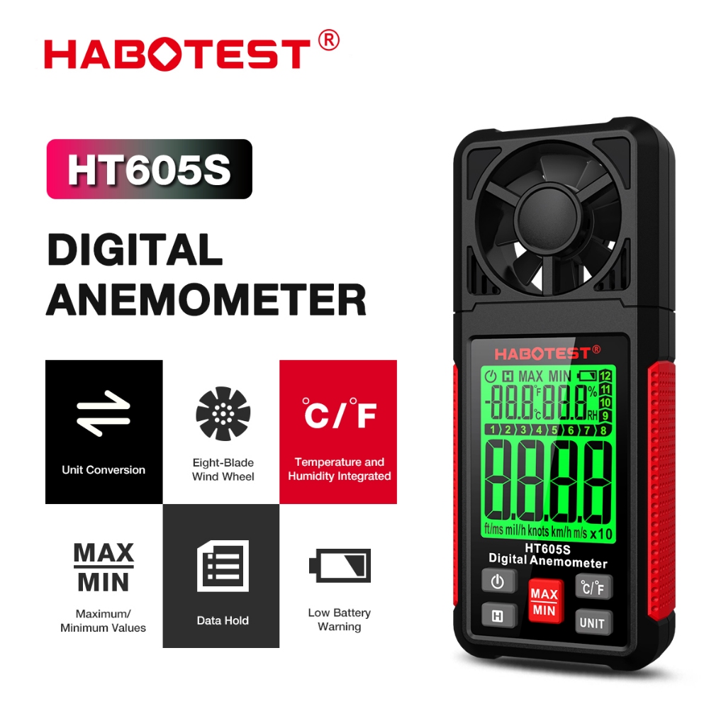 Habotest HT605S เครื่องวัดความเร็วลมดิจิทัล ความแม่นยําสูง หน้าจอ LCD แบริ่งไฟแบ็คไลท์ ราคา ถูกที่สุด ดีลบีเคเค