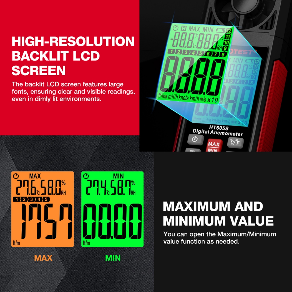 Habotest HT605S เครื่องวัดความเร็วลมดิจิทัล ความแม่นยําสูง หน้าจอ LCD แบริ่งไฟแบ็คไลท์ ราคา ถูกที่สุด ดีลบีเคเค แกลเลอรีภาพที่ 6