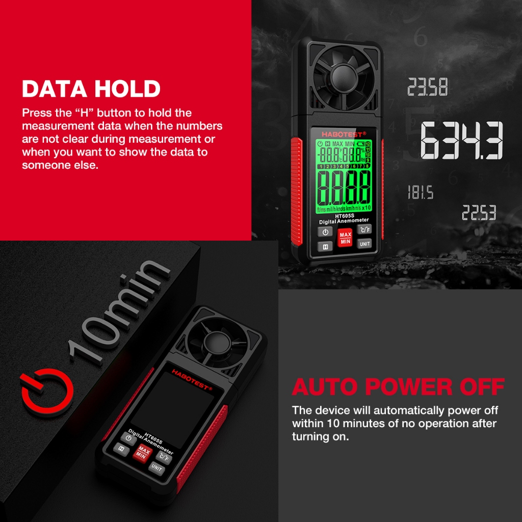 Habotest HT605S เครื่องวัดความเร็วลมดิจิทัล ความแม่นยําสูง หน้าจอ LCD แบริ่งไฟแบ็คไลท์ ราคา ถูกที่สุด ดีลบีเคเค แกลเลอรีภาพที่ 8