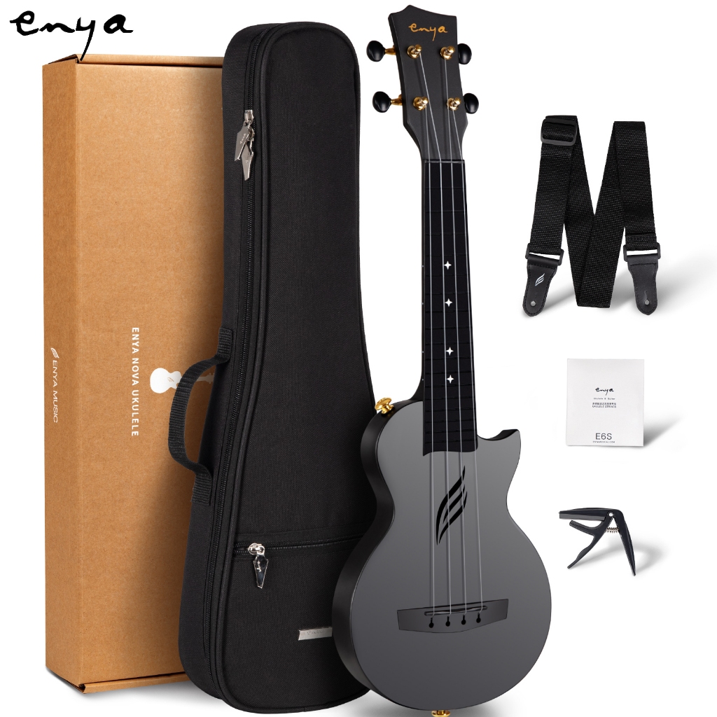 Enya Soprano Ukulele 21 นิ้วคาร์บอนไฟเบอร์ Travel Ukelele Nova U Mini Simple Yukalalee พร้อมชุดเริ่มต้น Ukalalee รวมสายคล้อง Capo Strings (สีดํา)